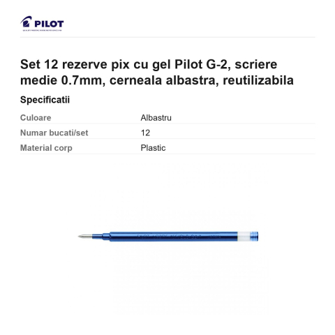 Set 12 rezerve pix cu gel Pilot G-2, scriere medie 0.7mm, cerneala albastra, reutilizabila [2]