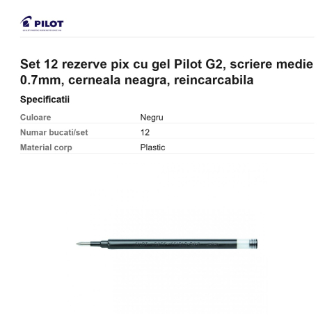 Set 12 rezerve pix cu gel Pilot G2, scriere medie 0.7mm, cerneala neagra, reincarcabila [2]