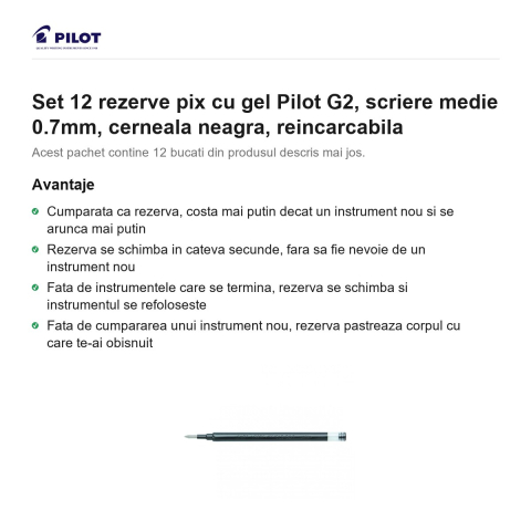 Set 12 rezerve pix cu gel Pilot G2, scriere medie 0.7mm, cerneala neagra, reincarcabila [1]