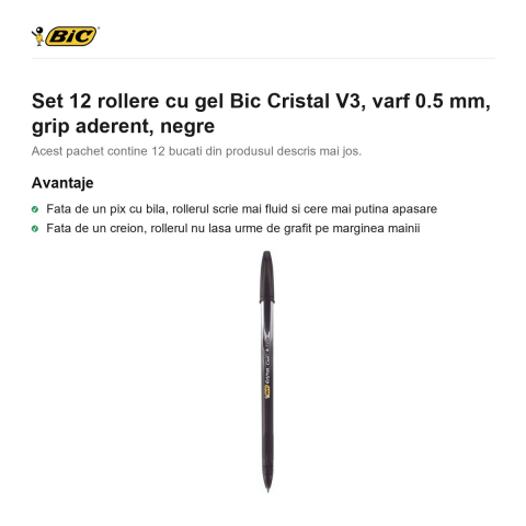 Set 12 rollere cu gel Bic Cristal V3, varf 0.5 mm, grip aderent, negre [1]
