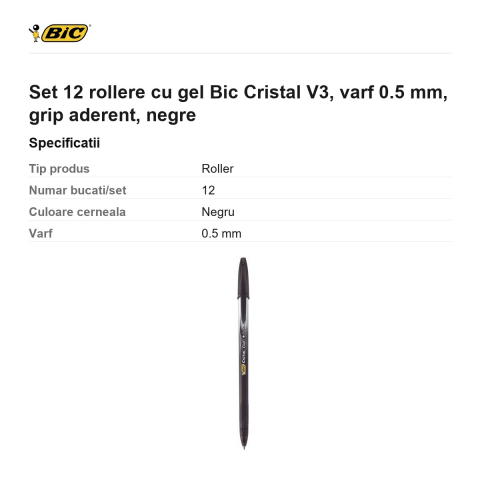 Set 12 rollere cu gel Bic Cristal V3, varf 0.5 mm, grip aderent, negre [2]