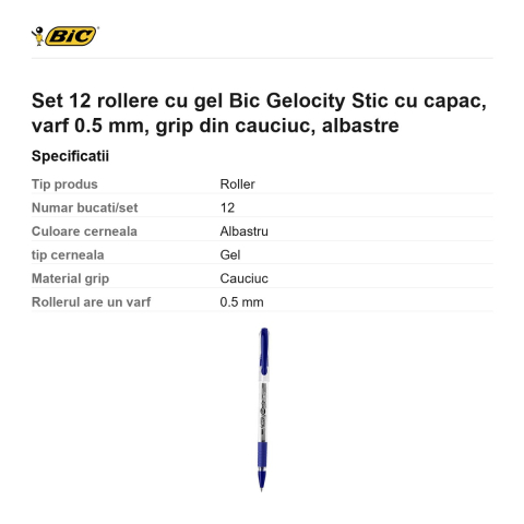 Set 12 rollere cu gel Bic Gelocity Stic cu capac, varf 0.5 mm, grip din cauciuc, albastre [2]