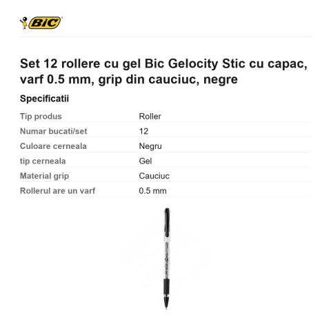 Set 12 rollere cu gel Bic Gelocity Stic cu capac, varf 0.5 mm, grip din cauciuc, negre [2]