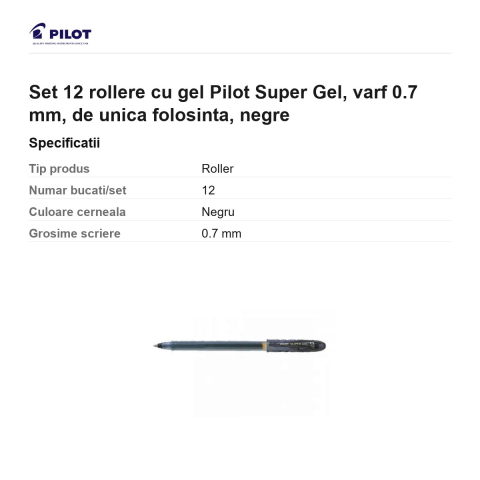 Set 12 rollere cu gel Pilot Super Gel, varf 0.7 mm, de unica folosinta, negre [2]