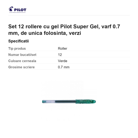Set 12 rollere cu gel Pilot Super Gel, varf 0.7 mm, de unica folosinta, verzi [2]