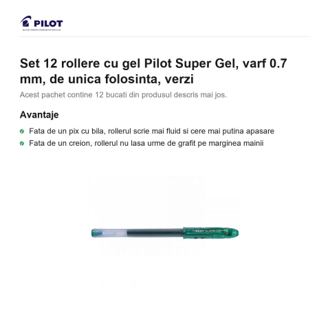Set 12 rollere cu gel Pilot Super Gel, varf 0.7 mm, de unica folosinta, verzi [1]