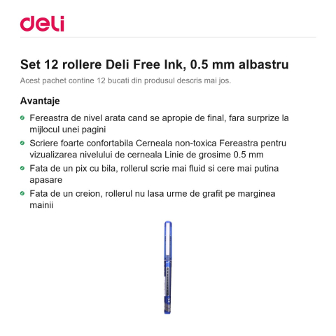 Set 12 rollere Deli Free Ink, 0.5 mm albastru [1]