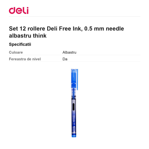 Set 12 rollere Deli Free Ink, 0.5 mm needle albastru think [2]