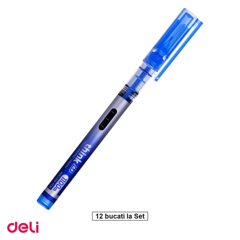 Rollere - Set 12 rollere Deli Free Ink, 0.5 mm needle albastru think