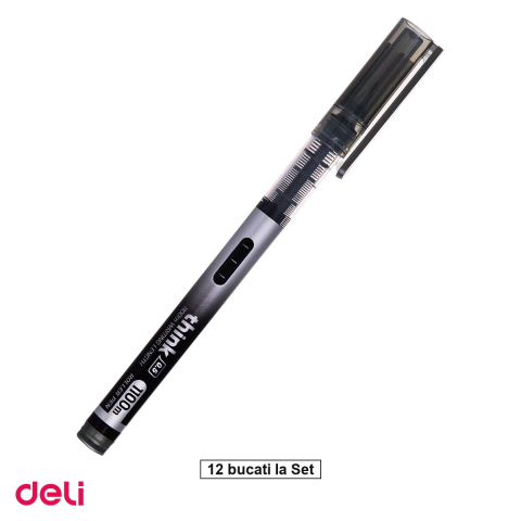 Rollere - Set 12 rollere Deli Free Ink, 0.5 mm needle negru think
