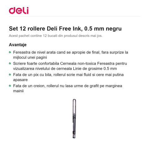 Set 12 rollere Deli Free Ink, 0.5 mm negru [1]