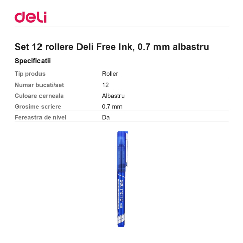 Set 12 rollere Deli Free Ink, 0.7 mm albastru [2]
