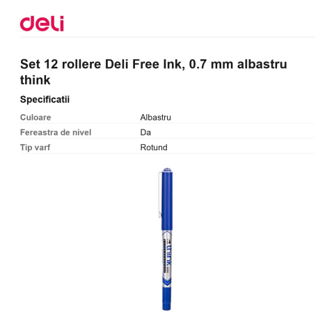 Set 12 rollere Deli Free Ink, 0.7 mm albastru think [2]