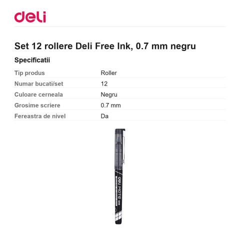 Set 12 rollere Deli Free Ink, 0.7 mm negru [2]