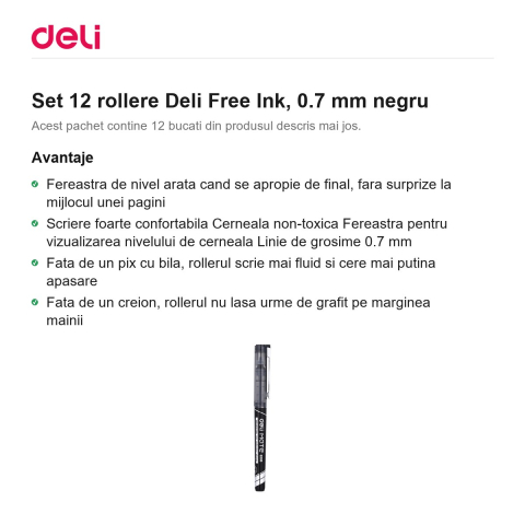 Set 12 rollere Deli Free Ink, 0.7 mm negru [1]
