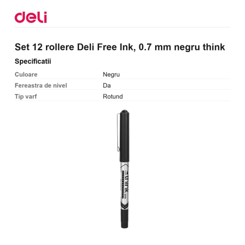 Set 12 rollere Deli Free Ink, 0.7 mm negru think [2]