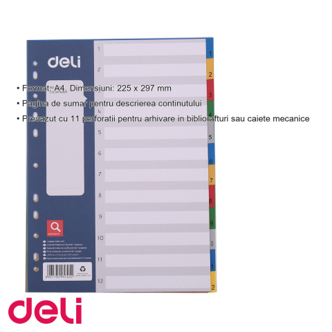 Set 12 separatoare index plastic color Deli, format A4, cu 11 perforatii, pentru organizare documente [2]