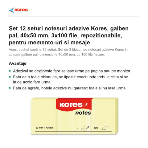 Set 12 seturi notesuri adezive Kores, galben pal, 40x50 mm, 3x100 file, repozitionabile, pentru memento-uri si mesaje [1]