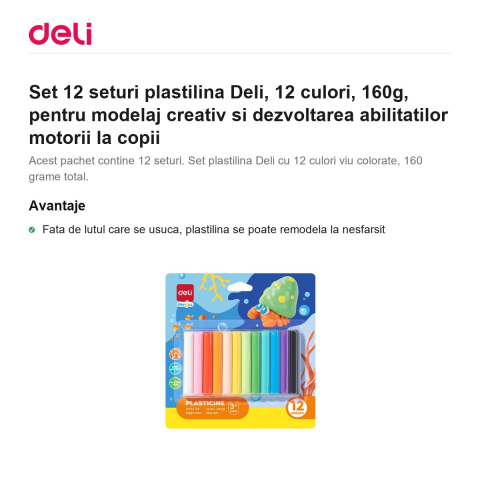 Set 12 seturi plastilina Deli, 12 culori, 160g, pentru modelaj creativ si dezvoltarea abilitatilor motorii la copii [1]