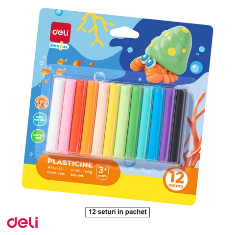 Plastilina - Set 12 seturi plastilina Deli, 12 culori, 160g, pentru modelaj creativ si dezvoltarea abilitatilor motorii la copii