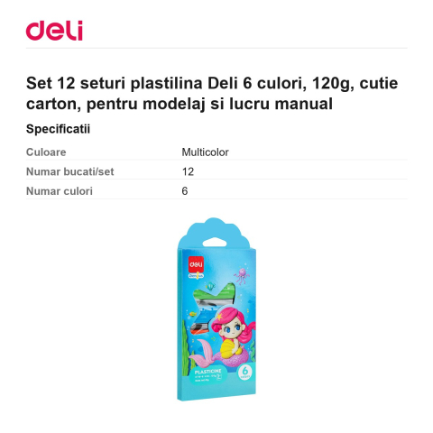 Set 12 seturi plastilina Deli 6 culori, 120g, cutie carton, pentru modelaj si lucru manual [2]
