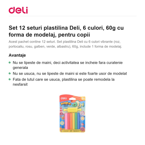 Set 12 seturi plastilina Deli, 6 culori, 60g cu forma de modelaj, pentru copii [1]