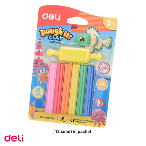 Birotica papetarie - Set 12 seturi plastilina Deli, 6 culori, 60g cu forma de modelaj, pentru copii