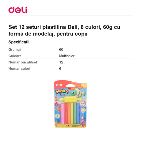 Set 12 seturi plastilina Deli, 6 culori, 60g cu forma de modelaj, pentru copii [2]