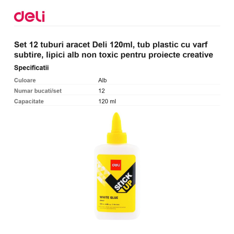 Set 12 tuburi aracet Deli 120ml, tub plastic cu varf subtire, lipici alb non toxic pentru proiecte creative [2]