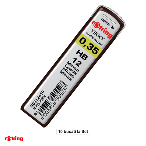 Consumabile instrumente de scris - Set 120 mine creion 0.35mm HB cu Rezistenta Extra la Rupere, pentru Desen Tehnic Extrem de Precizie, in Etui Protector Rotring, 10 etuiuri
