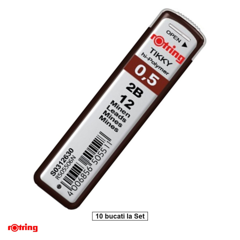 Consumabile instrumente de scris - Set 120 mine creion 0.5mm 2B cu Rezistenta Extra la Rupere, pentru Desen Tehnic si Scriere, in Etui Protector Rotring, 10 etuiuri