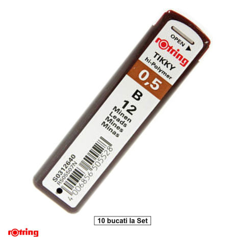 Consumabile instrumente de scris - Set 120 mine creion 0.5mm B cu Rezistenta Extra la Rupere, pentru Desen Tehnic si Scriere Precisa, in Etui Protector Rotring, 10 etuiuri