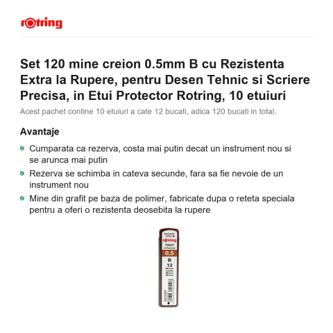 Set 120 mine creion 0.5mm B cu Rezistenta Extra la Rupere, pentru Desen Tehnic si Scriere Precisa, in Etui Protector Rotring, 10 etuiuri [1]