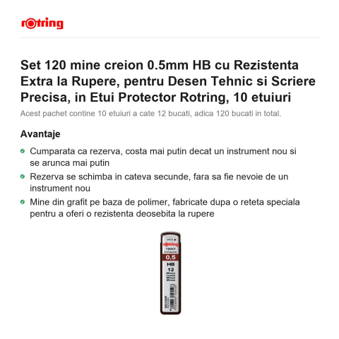 Set 120 mine creion 0.5mm HB cu Rezistenta Extra la Rupere, pentru Desen Tehnic si Scriere Precisa, in Etui Protector Rotring, 10 etuiuri [1]