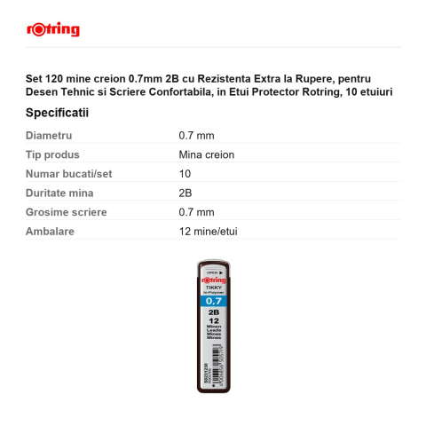Set 120 mine creion 0.7mm 2B cu Rezistenta Extra la Rupere, pentru Desen Tehnic si Scriere Confortabila, in Etui Protector Rotring, 10 etuiuri [2]