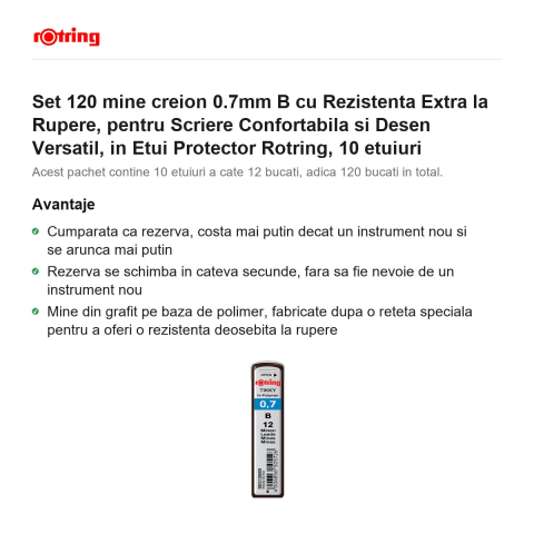 Set 120 mine creion 0.7mm B cu Rezistenta Extra la Rupere, pentru Scriere Confortabila si Desen Versatil, in Etui Protector Rotring, 10 etuiuri [1]