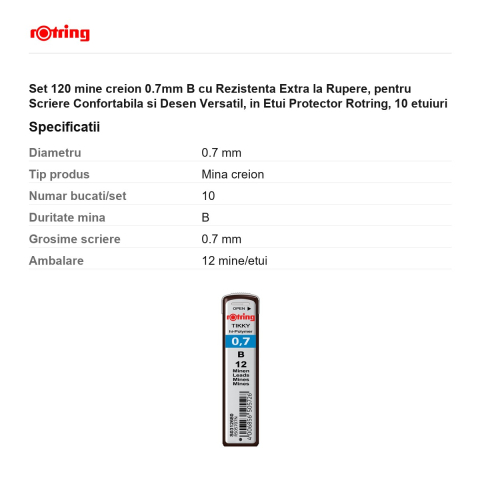 Set 120 mine creion 0.7mm B cu Rezistenta Extra la Rupere, pentru Scriere Confortabila si Desen Versatil, in Etui Protector Rotring, 10 etuiuri [2]