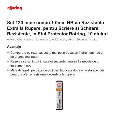 Set 120 mine creion 1.0mm HB cu Rezistenta Extra la Rupere, pentru Scriere si Schitare Rezistente, in Etui Protector Rotring, 10 etuiuri [1]