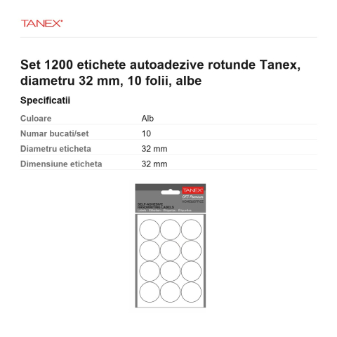 Set 1200 etichete autoadezive rotunde Tanex, diametru 32 mm, 10 seturi, albe [2]