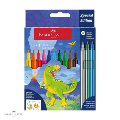 Produse EmagMarketplace - Set 13 carioci Faber-Castell editie dinozauri, 10 culori clasice si 3 metalizate, pentru copii