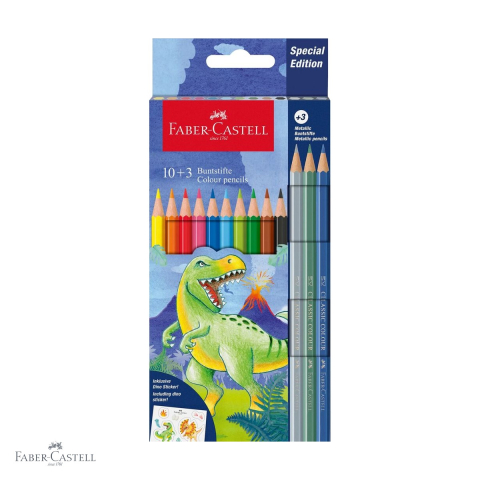 Produse EmagMarketplace - Set 13 creioane colorate Faber-Castell editie dinozauri, mina moale, 10 culori standard + 3 metalice, pentru copii