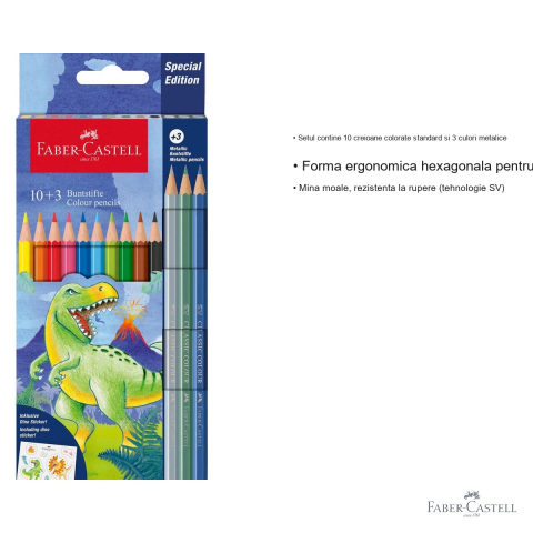 Set 13 creioane colorate Faber-Castell editie dinozauri, mina moale, 10 culori standard + 3 metalice, pentru copii [2]