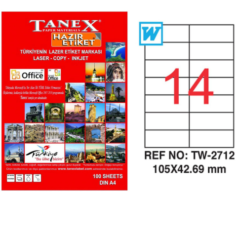 Set 1400 etichete autoadezive A4, 100 coli, 14 etichete/coala, 105x42.69 mm, albe, colturi drepte, pentru imprimante laser si inkjet, Tanex [1]