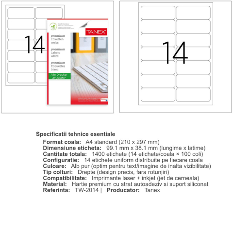 Set 1400 etichete autoadezive A4, 100 coli, 14 etichete/coala, 99.1x38.1 mm, albe, colturi drepte, pentru imprimante laser si inkjet, Tanex TW-2014 [2]