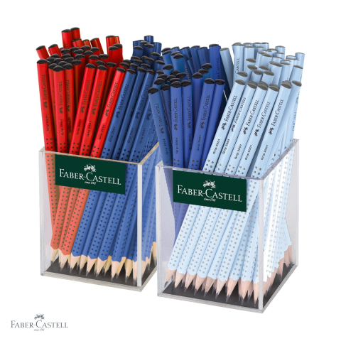 Produse EmagMarketplace - Set 144 creioane grafit fara guma Faber-Castell Grip 2001, forma triunghiulara ergonomica, rosu-albastru-bleu, display cutie plastic