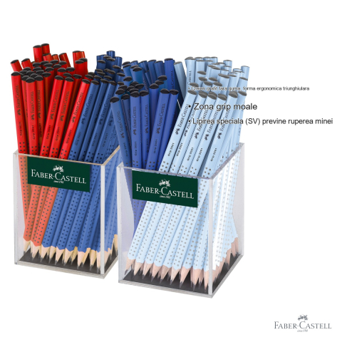 Set 144 creioane grafit fara guma Faber-Castell Grip 2001, forma triunghiulara ergonomica, rosu-albastru-bleu, display cutie plastic [2]
