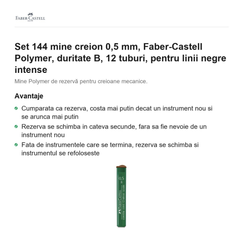Set 144 mine creion 0,5 mm, Faber-Castell Polymer, duritate B, 12 tuburi, pentru linii negre intense [1]