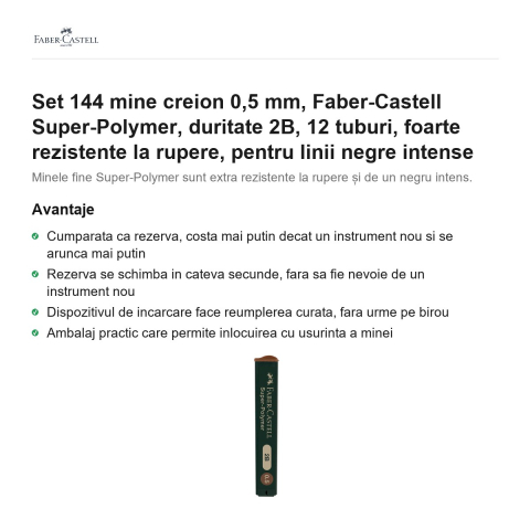 Set 144 mine creion 0,5 mm, Faber-Castell Super-Polymer, duritate 2B, 12 tuburi, foarte rezistente la rupere, pentru linii negre intense [1]