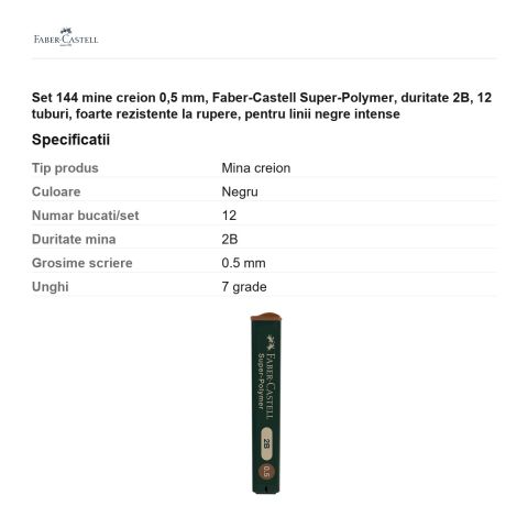 Set 144 mine creion 0,5 mm, Faber-Castell Super-Polymer, duritate 2B, 12 tuburi, foarte rezistente la rupere, pentru linii negre intense [2]