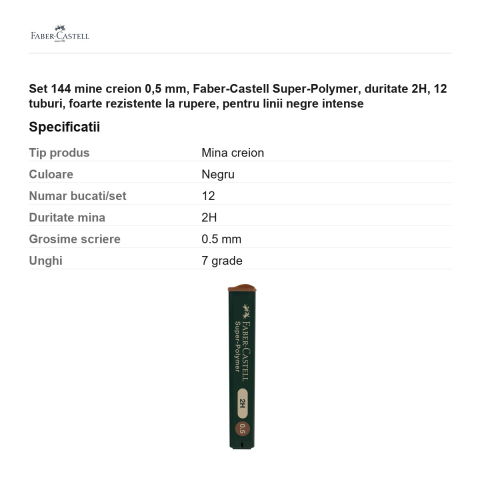 Set 144 mine creion 0,5 mm, Faber-Castell Super-Polymer, duritate 2H, 12 tuburi, foarte rezistente la rupere, pentru linii negre intense [2]